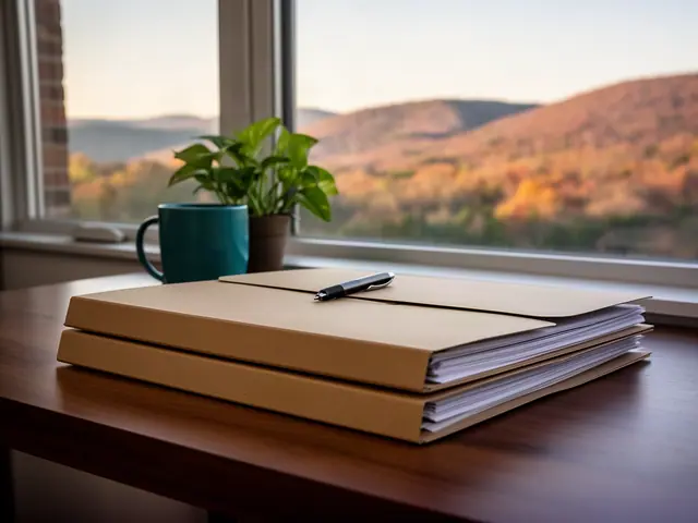 A neat stack of closed manila folders and a pen on a desk by a window.