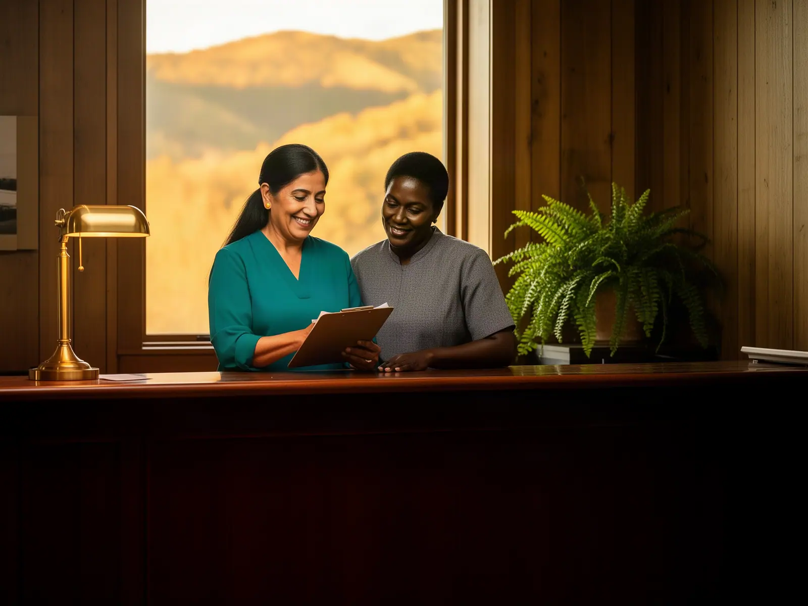 A woman with long black hair in a low bun who owns a small independent motor inn.