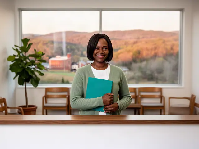 A clinic office manager holding a folder behind a reception counter.